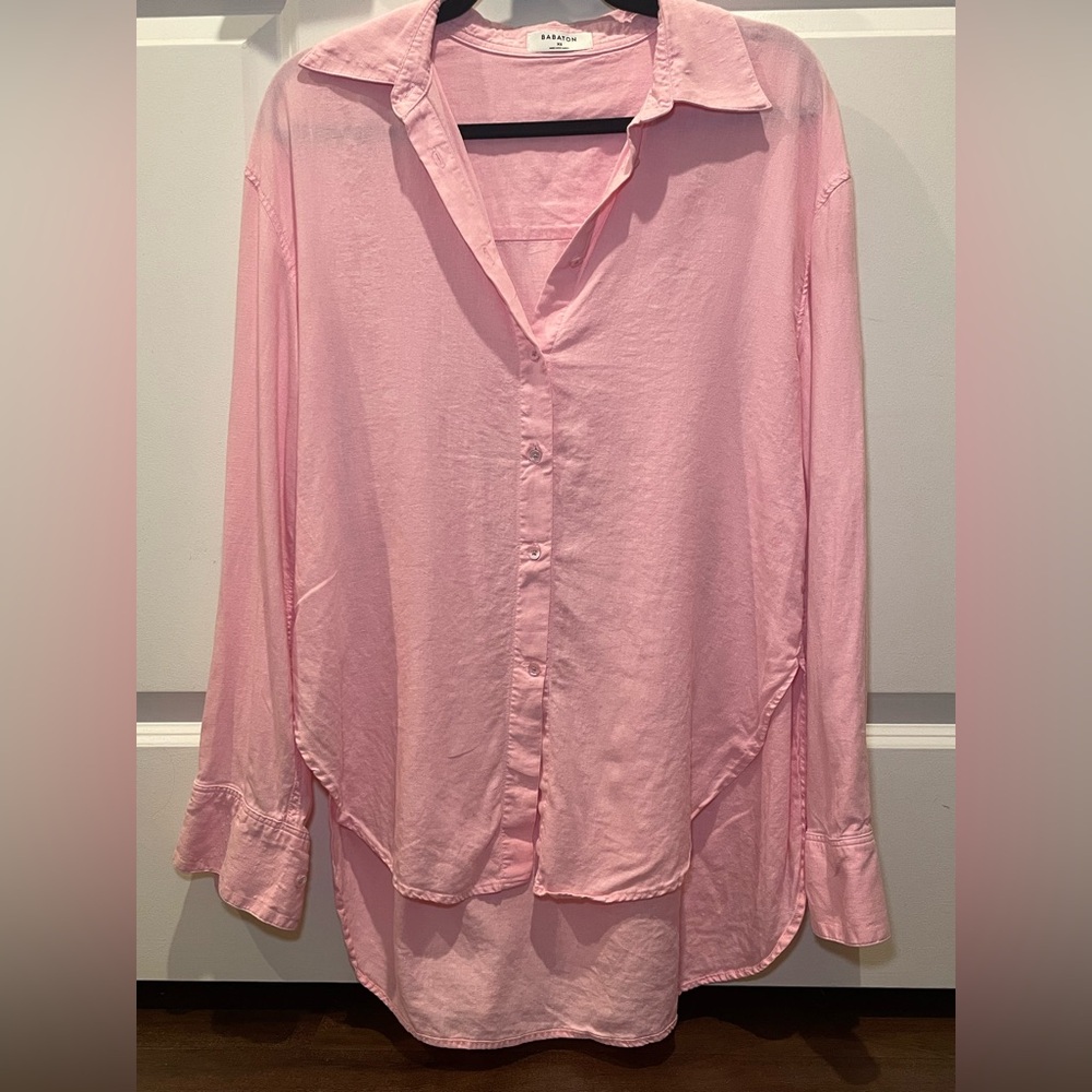 Aritzia Babaton Essential Relaxed Linen Shirt Sz XS Daisy Pink
